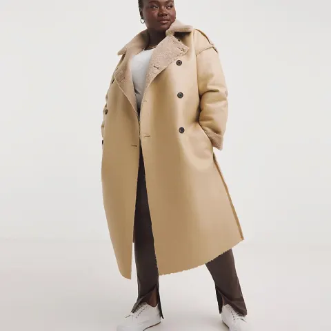 10 x Sherpa Lined Leather Trench Coat Jacket - Plus Size - New - RRP £900.00