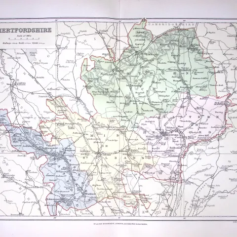 Hertfordshire J H F Brabner Coloured Antique 130 Years-Old Map-9-TR