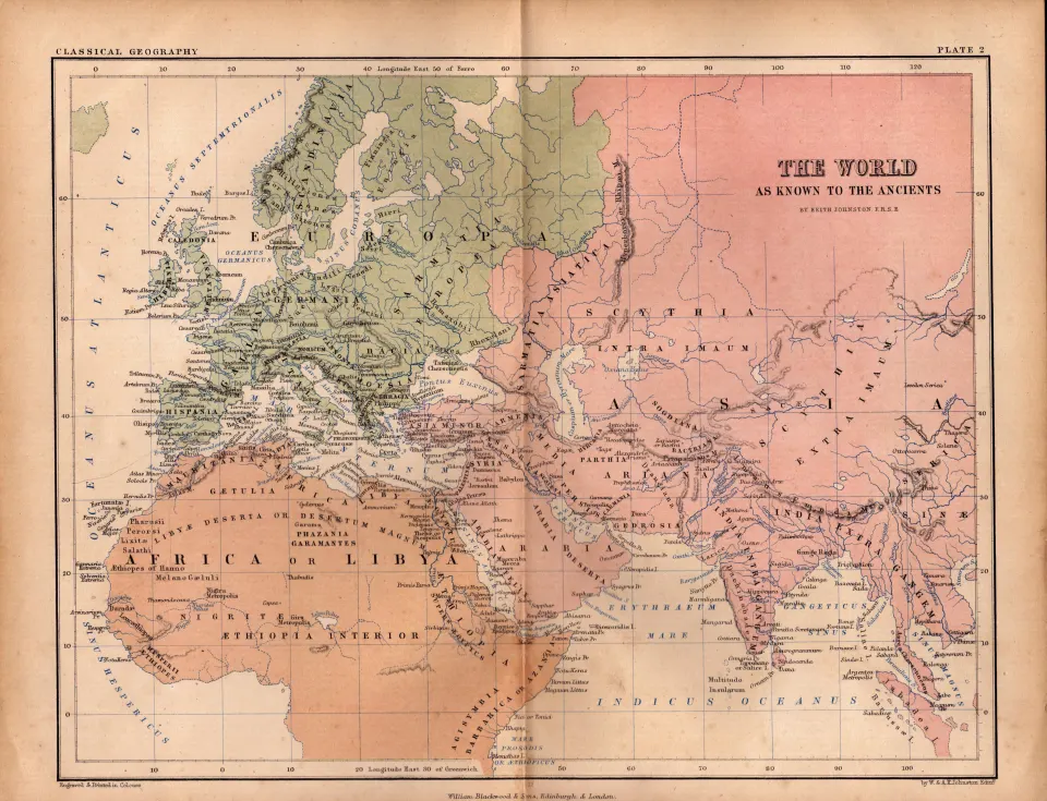 Antique 1867  Coloured Map The World As Known To the Ancients.