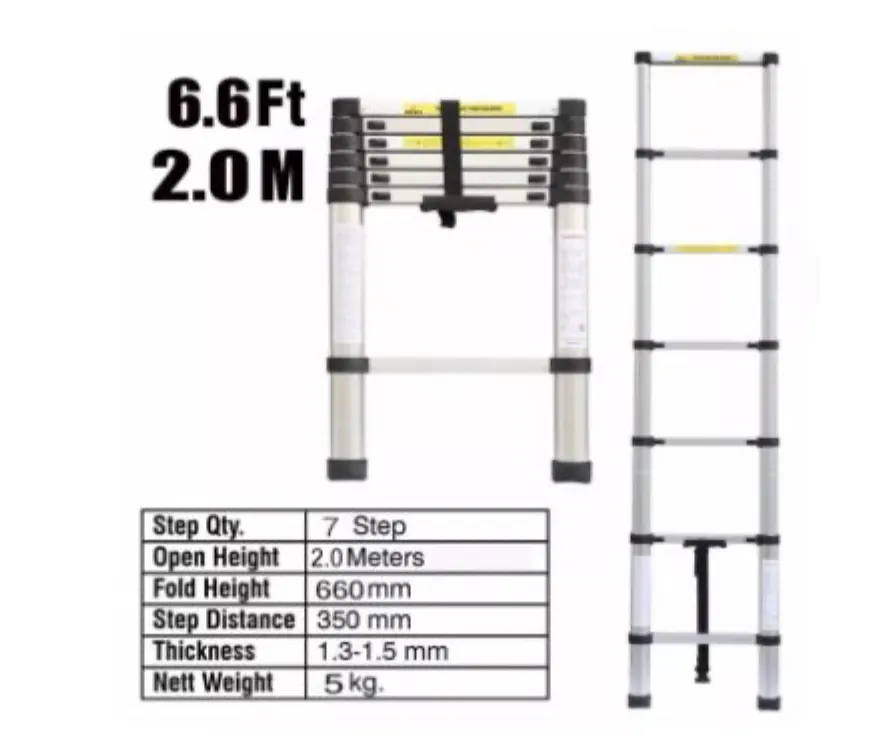 2.0M Aluminium Multi-Purpose Telescopic Ladder Extendable Indoor/Outdoor 6.6 FT Ladder Safety