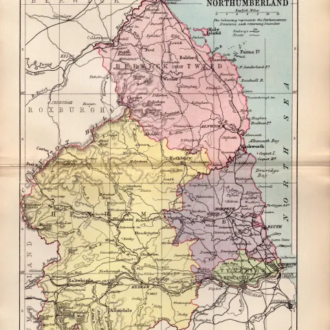 County Northumberland 1895 Antique Victorian Coloured Map.