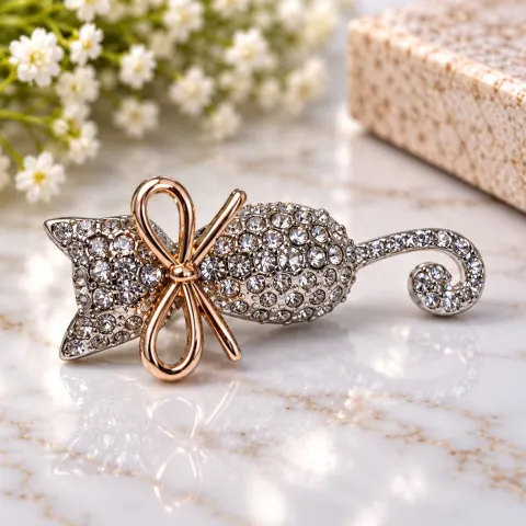 Crystal Cat Brooch with Rose Gold-Tone Bow