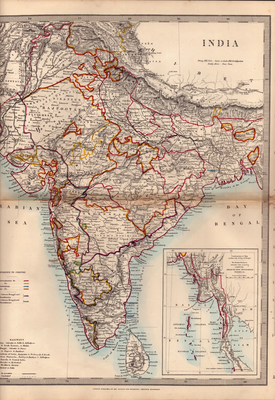 India Andaman & Nicobar islands Antique Coloured Victorian c1850 Map.