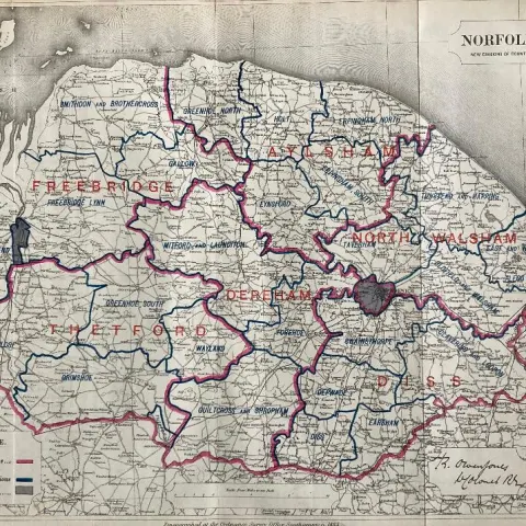 Antique 139 Years-Old Scarce Map County Norfolk 1885 Boundary Changes.