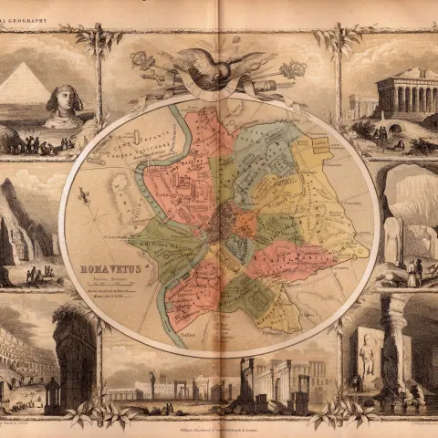 Antique Coloured Map Plan of Rome & Illustrations Of Classical Sites.