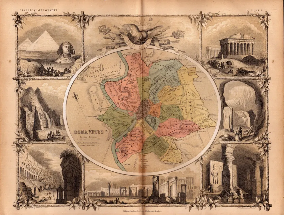 Antique Coloured Map Plan of Rome & Illustrations Of Classical Sites.