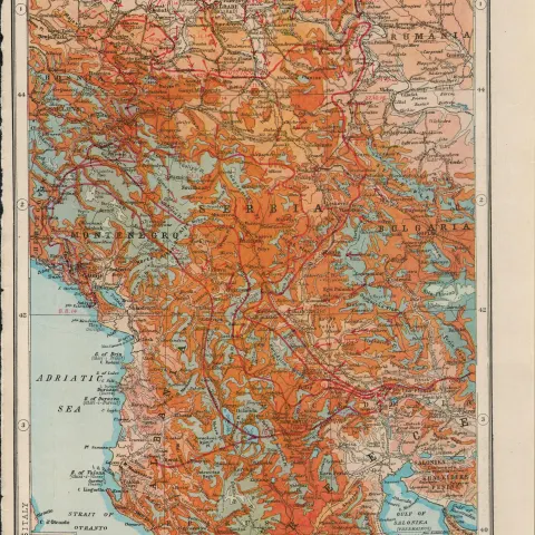 WW1 Serbia Romania Montenegro Coloured  Antique Map 1922.