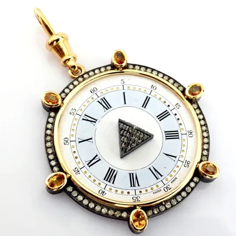 An Exquisite Necklace Made of Gold and Silver, Featuring An Antique Watch Dial Adorned With Precious