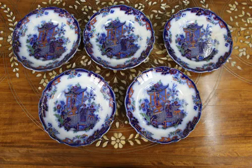 Set of Five Victorian Flow Blue Chinoiserie Plates, George Jones & Sons, c.1865