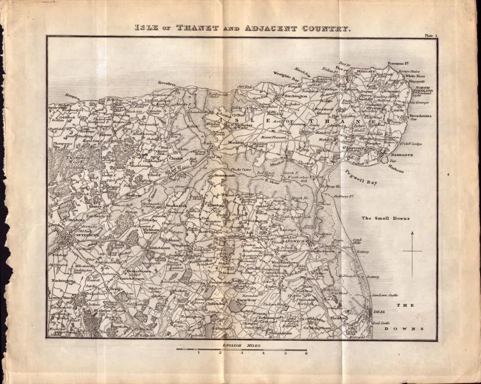 Isle Of Thanet & Adjacent County Kent King George IV 197 Years-Old  Antique Map.