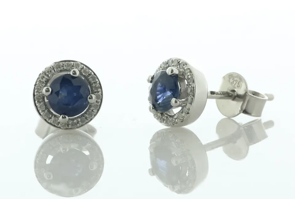 9ct White Gold Single Stone With Halo Sapphire Diamond Earring (S0.78) 0.13 Carats