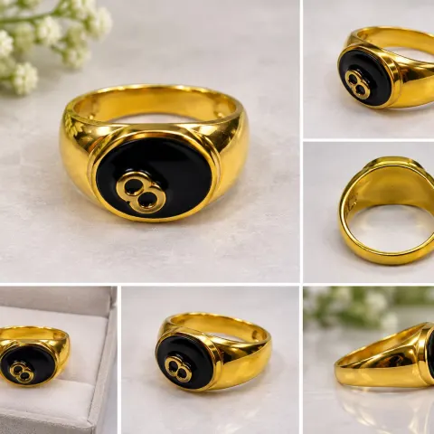Gold Tone 8 Ball Signet Ring with Black Enamel