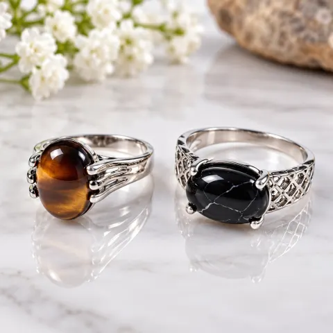 Set of Two Silver-Tone Rings with Oval Gemstones