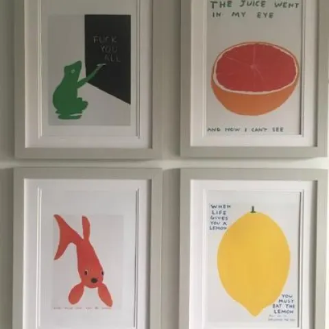 David Shrigley OBE (b 1968) ‘LEMON’, Four Humorous Wall Hangings, Animal Thoughts, 2020