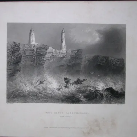 Bristol Ness Sands Lighthouse WH Bartlett 1842 Antique Steel Engraving-103