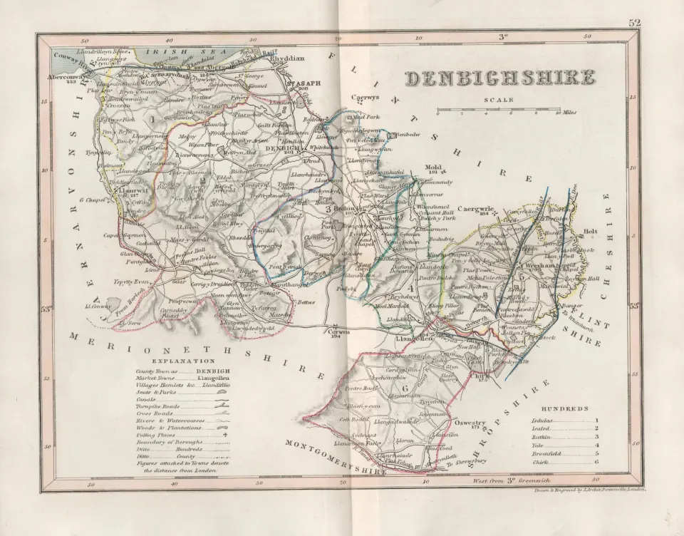 Denbighshire Wales 1850 Antique Steel Engraved Map.