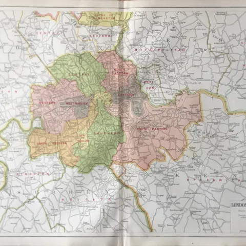 Bacons Rare Vintage London Suburbs London Coroners Districts Map.
