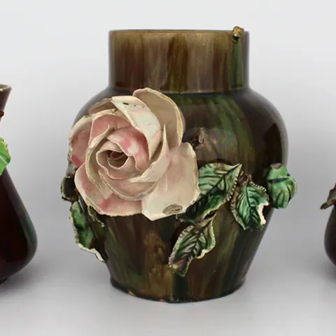 Set of 3 Decorative Victorian Floral Pottery Vases