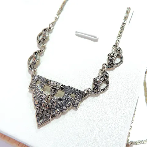 Antique Art Deco 925 Sterling Silver Marcasite Gemstone Necklace