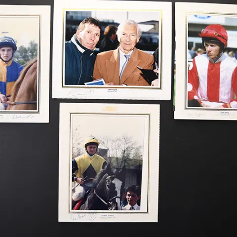 Horse racing photographs of championship winning Jockeys.