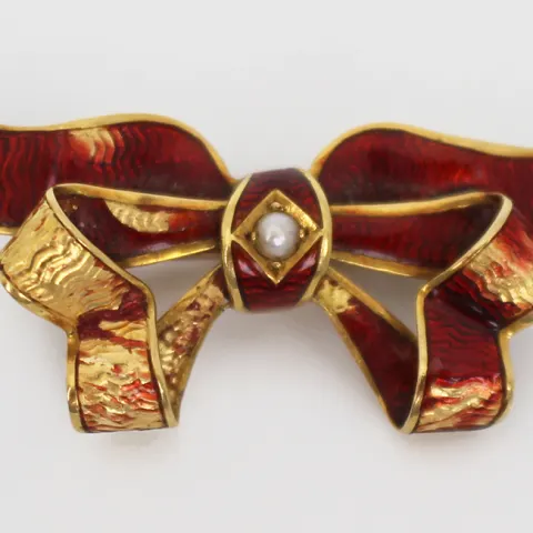 18ct Gold Enamel Pearl Bow Form Brooch