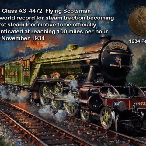 Original 1934 Penny Coin Display Set Metal Art The Year The Flying Scotsman Achieved The Record.