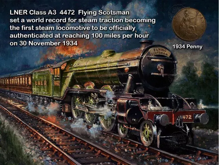Original 1934 Penny Coin Display Set Metal Art The Year The Flying Scotsman Achieved The Record.