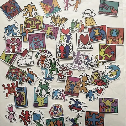Keith Haring (1958-1990) 25 Piece Sticker Set, AV Size 5 x 5 cm Inc Family Hug, Disco Dino, 2020