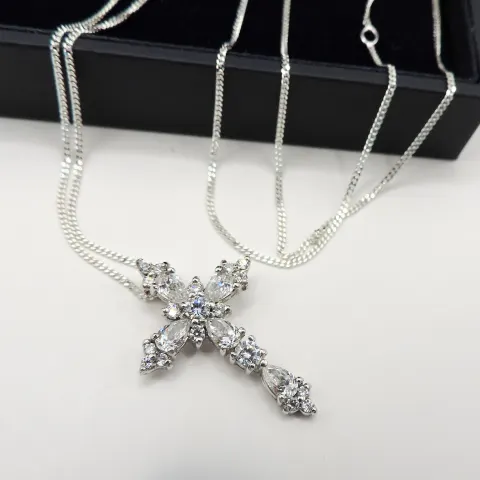  Sterling Silver Gemstone Cross Necklace New With Gift Pouch