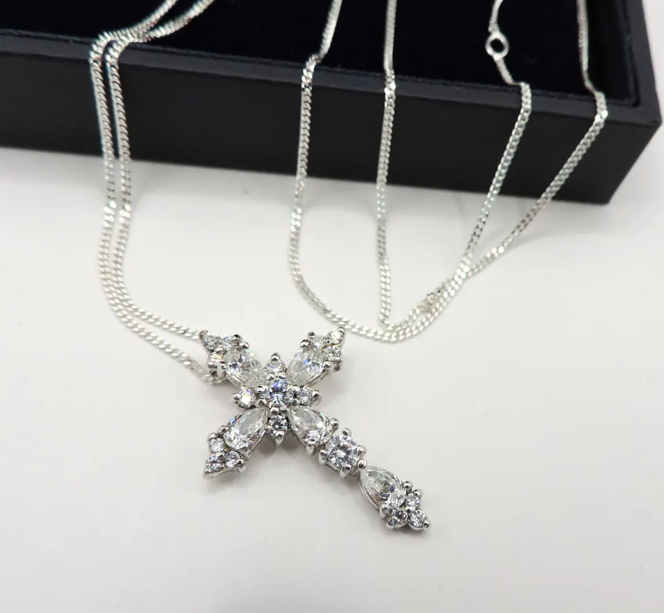  Sterling Silver Gemstone Cross Necklace New With Gift Pouch