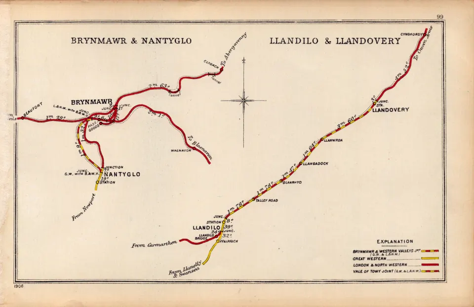 Brynmawr & Llandovery Wales Antique Railway Junction Map-99.
