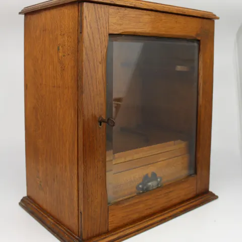 Early 20th c. Oak Glazed Table Tobacco Cabinet