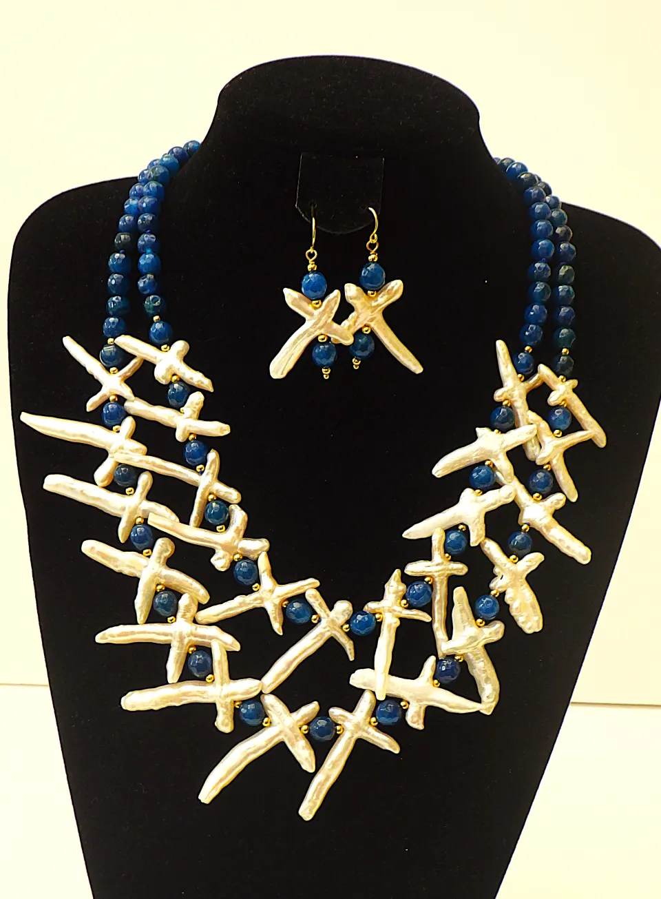 Necklace & Earrings Set With Rare Cross Shaped Natural White Pearls and Blue Onyx.