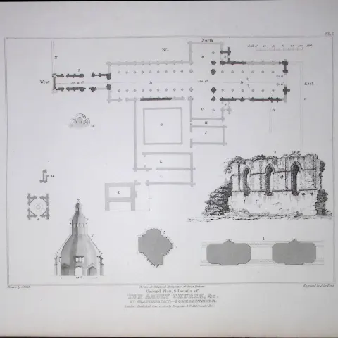 Glastonbury Abbey 190 Years-Old Rare John Britton Antique Steel Engraving-130