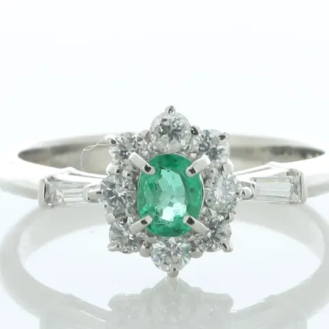Platinum Oval Cluster Claw Set Diamond And Emerald Ring (E0.28) 0.38 Carats