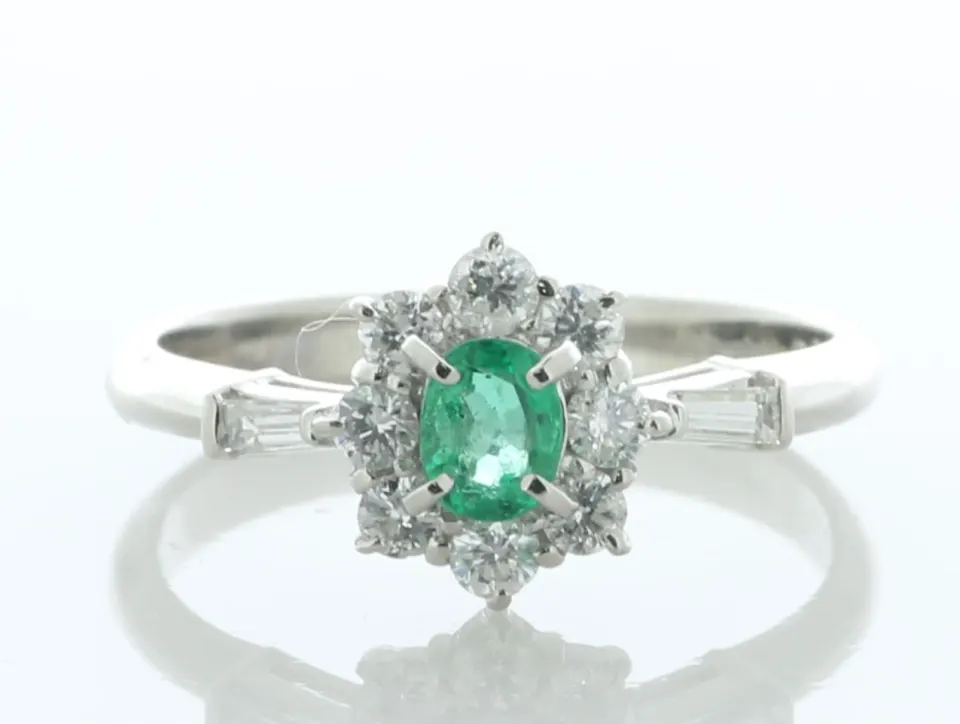 Platinum Oval Cluster Claw Set Diamond And Emerald Ring (E0.28) 0.38 Carats