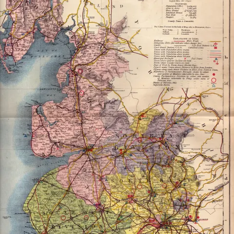 The County of Lancashire Large Victorian Letts 1884 Antique Coloured Map.