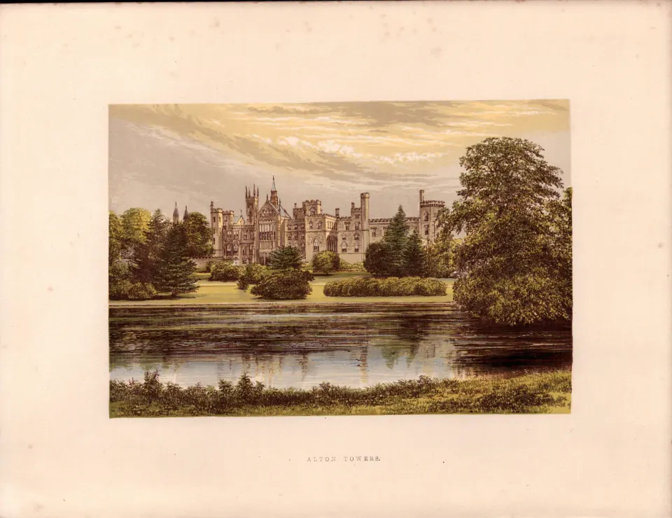 Alton Towers Staffordshire Gilt-Edge Coloured Antique Book Plate.