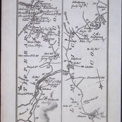 Ireland 245 Years -Old Antique Road Map Loughrea to Bruff Via Newport-210