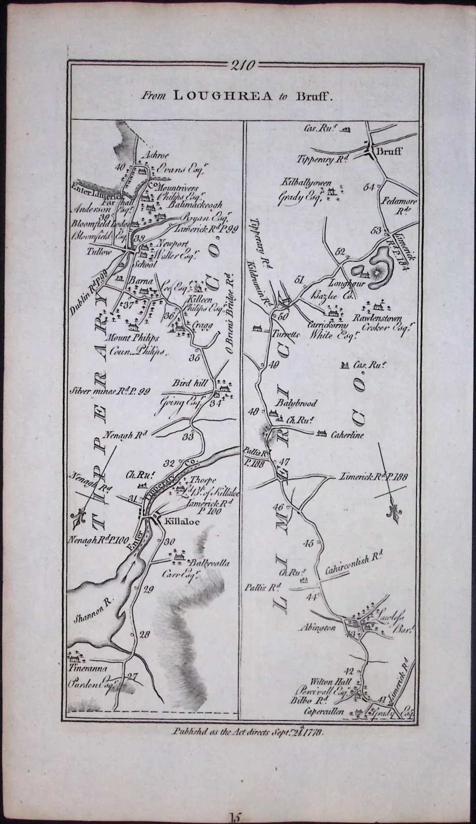 Ireland 245 Years -Old Antique Road Map Loughrea to Bruff Via Newport-210