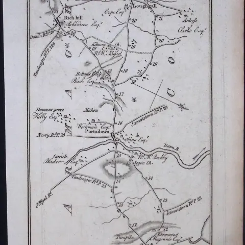 Ireland 245 Years -Old Antique Road Map Lisburn, Armagh, Lurgan-266