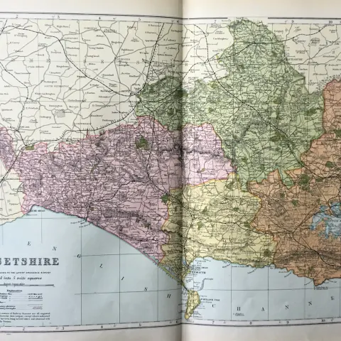Coloured Antique Large Map Dorsetshire GW Bacon 1904.