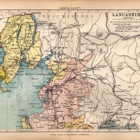 County of North Lancashire 1895 Antique Victorian Coloured Map.