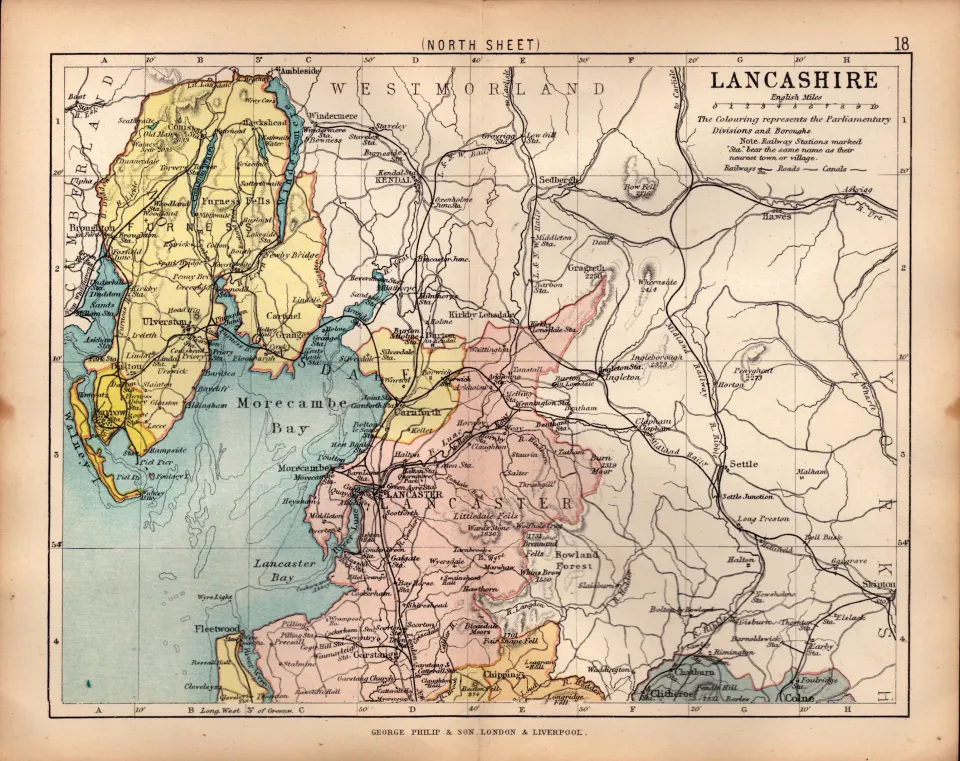 County of North Lancashire 1895 Antique Victorian Coloured Map.