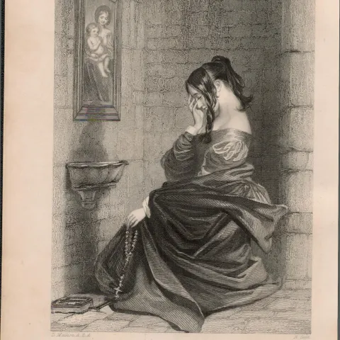 Ireland Lady at Prayers 1837-38 Victorian Antique Engraving.