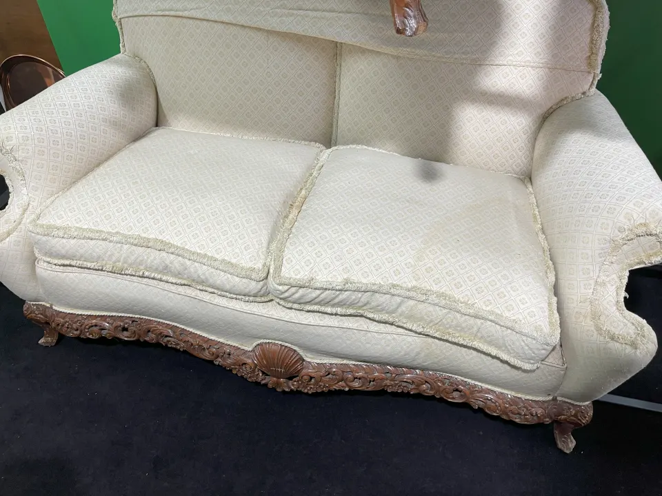 Vintage Upholstered Sofa with Carved Mahogany Legs – For Reupholstery