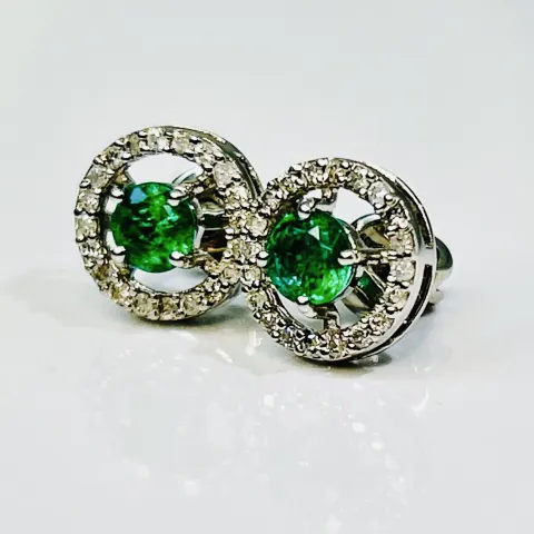 Beautiful Natural Emerald Halo Set Stud Earrings, Diamonds In Platinum 950