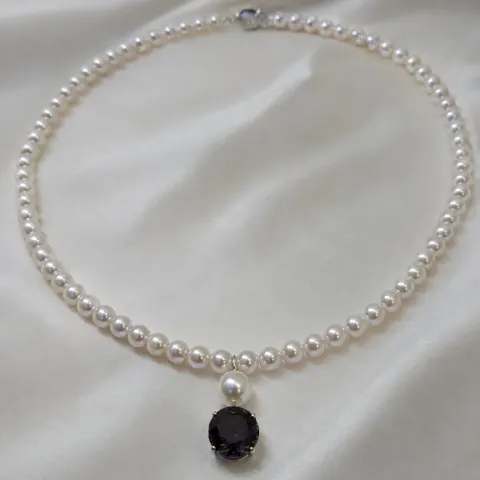 Pearl Necklace with 10mm Alexandrite & 925 Sterling Silver Clasp