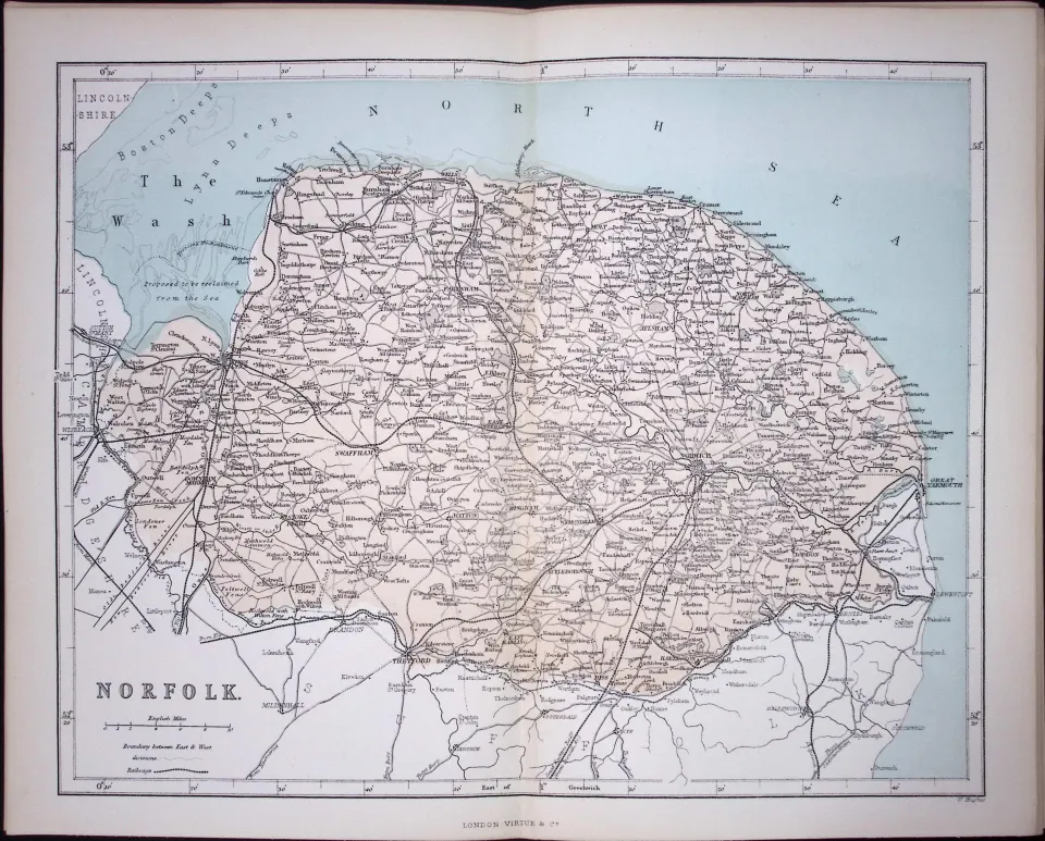County Norfolk 150 Years-Old 1875 Coloured Detailed Antique 1875 Map-55