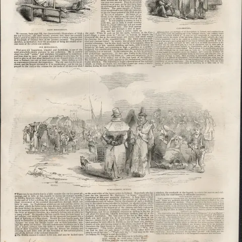 Turf Market Dublin, Beggars, Cab Drivers 1843 Antique  Woodgrain Prints